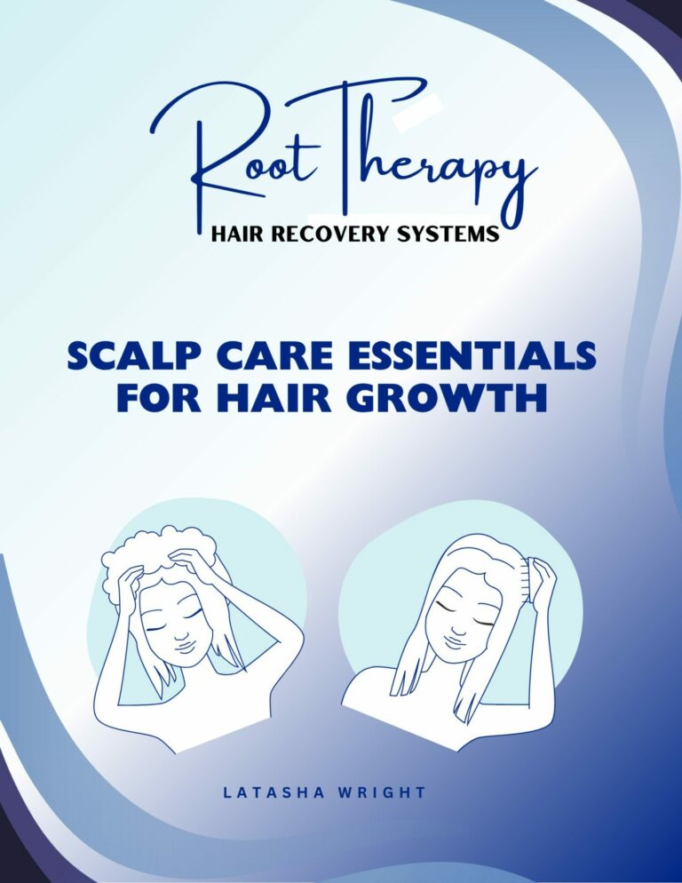 Root Therapy Scalp Care Essentials for Hair Growth ebook cover by Latasha Wright featuring illustrations of scalp massage.
